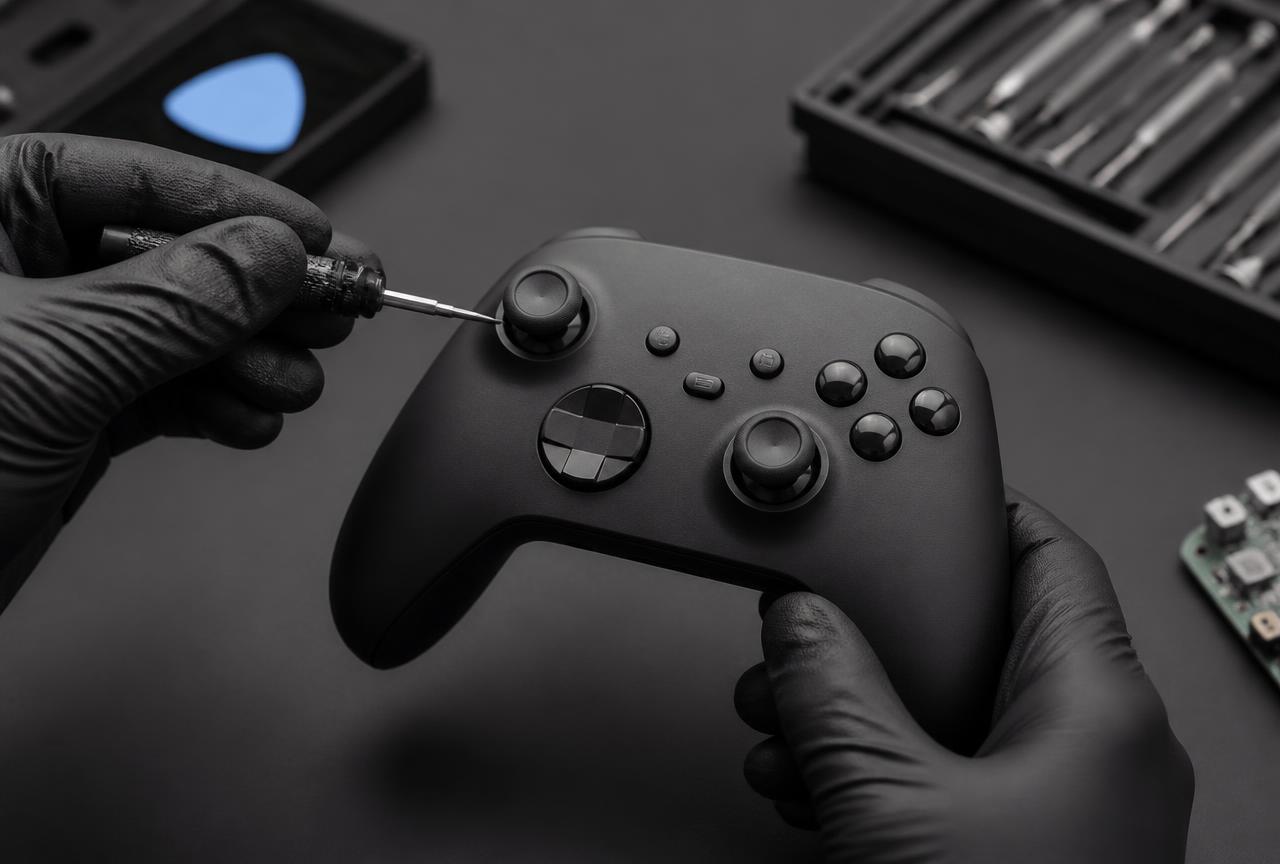 Xbox Wireless Controller wird bei einer Analogstick-Reparatur mit Präzisionswerkzeug geöffnet